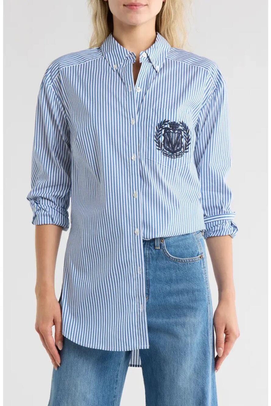 Veronica Beard Lloyd Blue White Stripe Embroidered Crest Shirt Top Size 8⁠